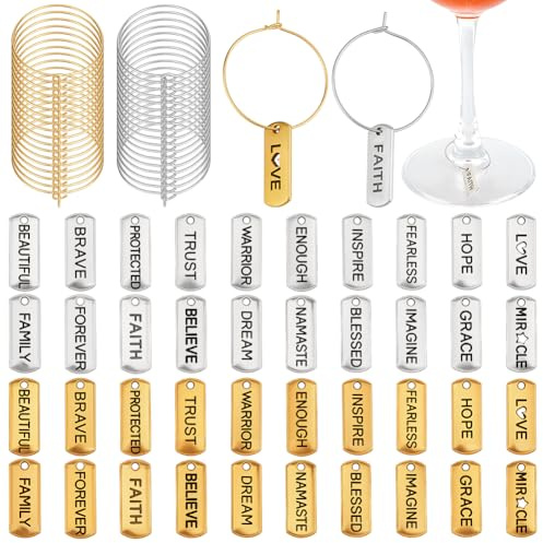 PH PandaHall 40 Sets Wine Glass Charms Inspiration Word Drink Charms Motivational Letters Pendants Wine Glass Cup Tag Ring Drink Identifiers for Stem Glasses Cocktail Champagne Tasting Party Favors
