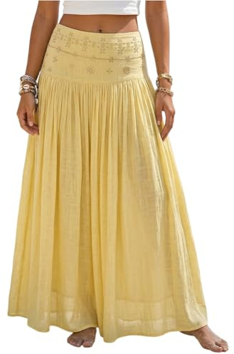 Women's Boho Skirts Maxi Skirt UK Embroidered Waist Ladies' High Waist Pleated Flowy Cotton Skirt for Beach Vacation Casual Summer Wear