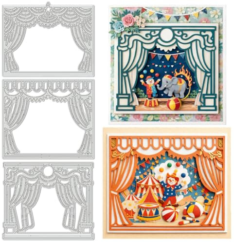 UNICRAFTALE Coffret de 3 Matrices de Découpe Métal à Bordure de Scène de Cirque avec Gabarit de Gaufrage pour Spectacles de Cirque pour Papier Scrapbooking Album Photo Décor et Cadeaux de No?l