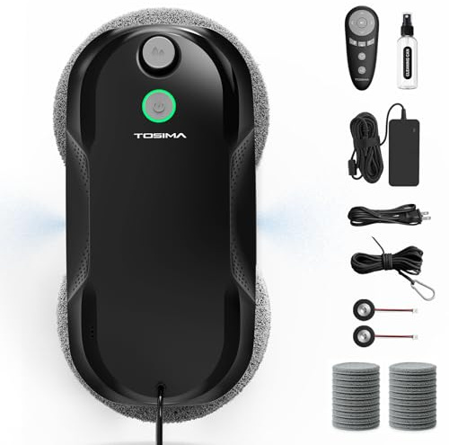 Tosima W5 Pro 6400 Pa Robot Lavavetri, Doppia Spruzzatura ad Ultrasuoni, Pulitore Automatico per Vetri, Telecomando, 20 Panni in Microfibra (Nero)