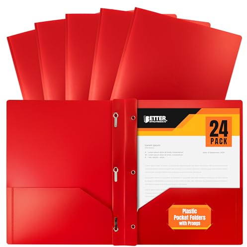 Better Office Products Red Plastic Folders with Pockets and Prongs, Letter Size, 24 Pack, Heavyweight Poly Prong Folders, Red Plastic with 3 Metal Fastener Clips