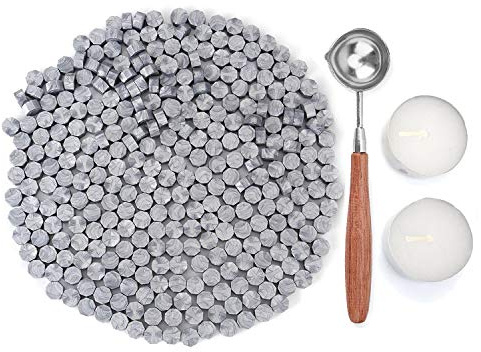 KEAL'S Kit de Perlas de Cera para Sellado, 230 Piezas Octagonales con Cuchara y 2 Velas de Té para Invitaciones Sobres Cartas Regalos y Botellas de Vino, sin sello, color Plata