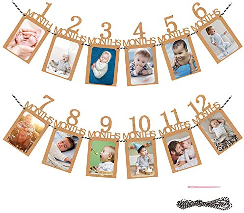 CZ Store® Banner für 1.Geburtstag Baby-Meilenstein-Girlande/Geburtstagsdeko -12 Kraftpapier-Karten für Monatsbilder, inklusive Schnur & Nadel -Party-Dekoration & Zubehör