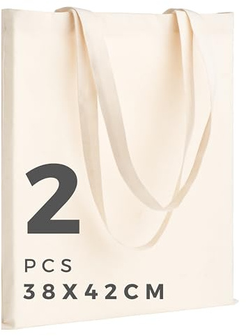 POLHIM Bolsas de algodón 38×42 cm – Beige – packs 2/6/12/24/48, lisas, reutilizables, asas largas, 100% algodón, Bolsas de algodón de 15 x 16.5 pulgadas, bolsas reutilizables de tela de compras (2)