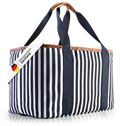 Selinchen® - Panier à provisions | Sac à provisions de haute qualité pliable et avec poignée en cuir PU | Idéal comme panier de pique-nique élégant, Shopper ou Carrybag | 30 litres (bleu)