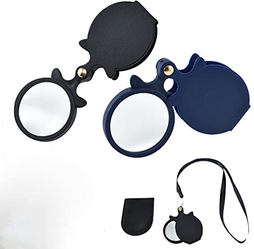 Meichoon 2 Mini Lupa de 10 Aumentos,Pequeña Lupa Plegable de Bolsillo con Funda Protectora Giratoria para Leer Periódicos/Libros/Revistas/Ciencia/Joyas/Hobbies (Negro y Azul)