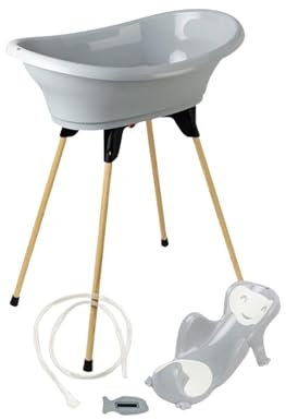 THERMOBABY - Pack Baignoire Bébé VASCO 5 En 1 - Baignoire, Pied En Bois, Tuyau De Vidange, Transat De Bain, Thermomètre - Gris Charme - Pliable & Stable - Fabriqué En France