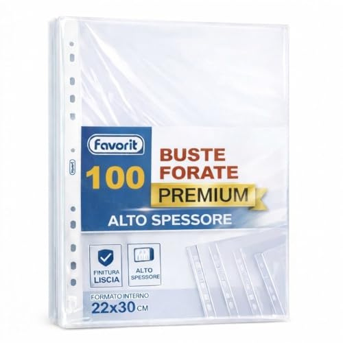 Favorit Buste Perforate, Lucide, Alto Spessore, 22 x 30 cm, 100 Pezzi, Trasparenti