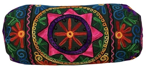 Original Kikan Cojín indio de 45,7 x 17,8 cm, cilíndrico, para yoga, meditación, cojín de suelo bordado a mano, vegano (solo fundas) (verde oscuro)