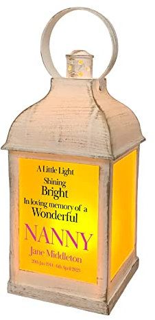 Personalised Nanny In Loving Memory Graveside Lantern Gift With Flame Effect White