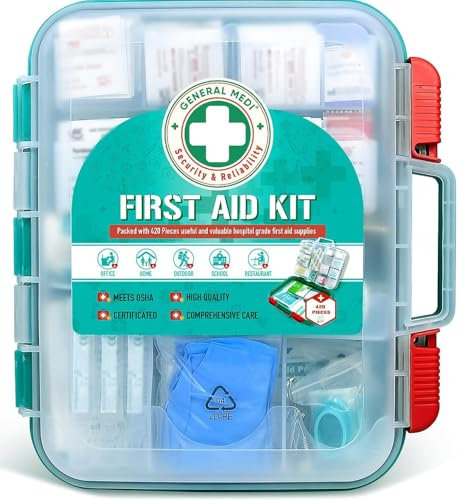 General Medi 420 Pieces Professional First Aid Kit - HardCase First Aid Box - Contains Premium Medical Supplies for Travel, Home, Office, Vehicle, Camping, Workplace & Outdoor