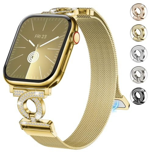 wutwuk Smalt nätband i rostfritt stål kompatibelt med Apple Watch, 41, 40, 38, 42, 44, 45, 46 mm, glitter, magnetisk milanesiskt loop-armband för kvinnor, för iWatch 10/9/8/7/6/5/4/3/2/1/SE/Ultra