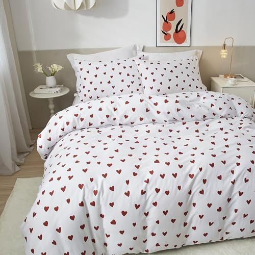 Ruccit - Set copripiumino a forma di cuore rosso, in 100% cotone, con stampa a cuore bianco, 3 pezzi, set di biancheria da letto moderno con chiusura a cerniera e lacci angolari, morbido, facile da