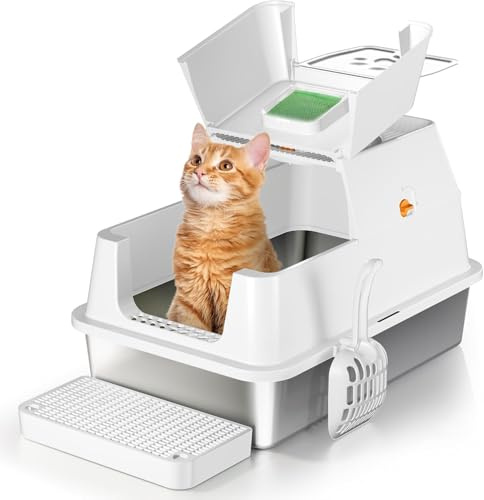 Arenero Acero Inoxidable Gatos, Caja de Arena para Gatos con Tapa Abatible de 180°, fácil de Limpiar, 60 x 40 x 39 cm, Control de olores, Caja de Arena con Pala - Blanco