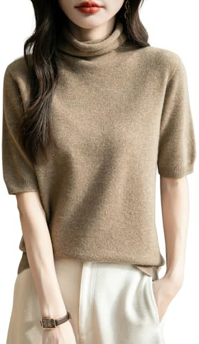 Chanyarn Femme 100% Lain Merino Manches Courtes Pull Col Roulé 2025 Printemps Été Hiver Doux Léger sans Couture Tricot Pull (Tan,L)