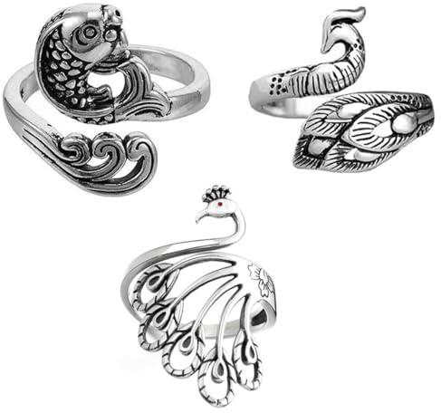ieron 3 st Justerbar stickring Virkring Virkad spänningsring Flätad Peacock Open Finger Ring Fisk Metall Flätad ring för snabbare stickning