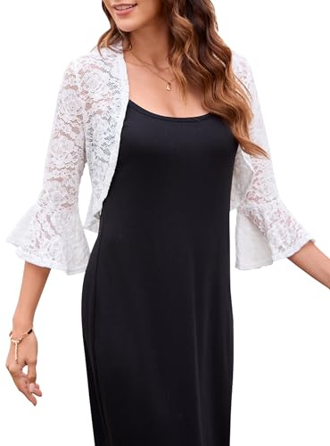 Hobrounn Boléro en dentelle pour femme - Cardigan festif élégant - Veste à épaules ouvertes sur le devant - Manches 3/4 - Haut court pour robe de soirée, vêtements de fête, mariage, Blanc., S