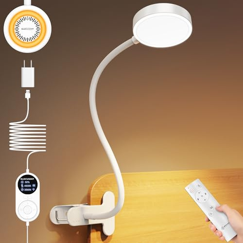 Glocusent Luz para Leer Libros en la Lama [3 Colores y 5 Brillos], LED Lampara Lectura con Pinza, USB Lampara Lectura Libro para Cama/Escritorio/Cabecero (Blanco con adaptador y mando a distancia)