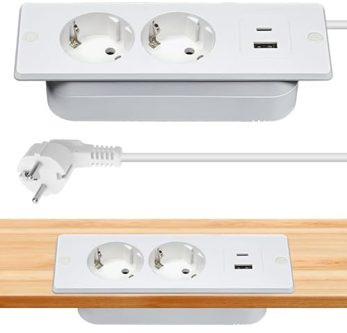 GAOUTO Presa da tavolo, presa a scomparsa, con 2 porte USB C, 2 prese da incasso con cavo da 1,5 m, presa da tavolo, ciabatta a scomparsa per tavolo da conferenza, piano di lavoro (bianco)