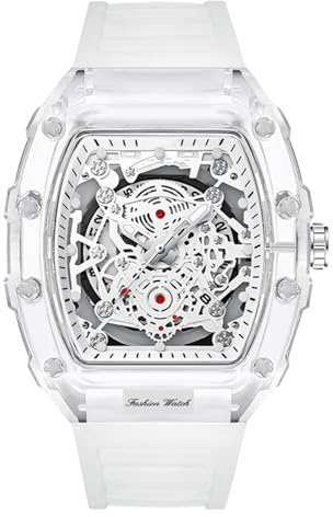 RORIOS Orologio da polso Trasparente Tonneau da Uomo Orologi Analogico Quarzo Orologio Moda Silicone Luminosi Calendario Ghiaccio Bianco