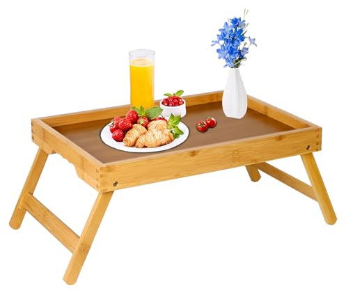 Asuthzon Bed Tray Table for Eating with Folding Legs, Bamboo Breakfast Table in Bed for Eating on Couch, Bed, Laptop Computer Tray(1 Pack Bamboo, Medium)