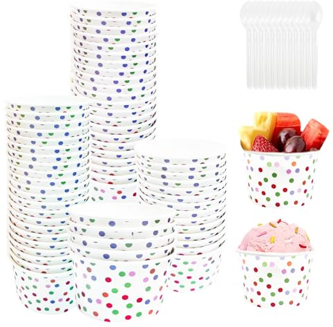 shallyong Coppette Gelato, 50 Pezzi Coppe Gelato Carta con 50 Cucchiaio Gelato, Bicchieri Gelato Carta, per Torte, Dessert, Frutta, Zuppa, Snack (Punti colorati - C)
