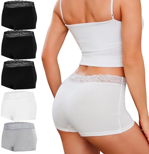 Leversic Boxershorts dam, kalsonger, spetstrosor, underkläder, kvinnor, bomull, stretch, hipster, bekväma shorts, flerpack, 5 st-3 svart + 1 grå + 1 vit, S