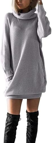 Robe Pull Femme Hiver Casual Tricotée Élégante à Col Roulé et Manches Longues Couleur Unie Dress (FR/ES, Alpha/Lettres, M, Taille Normale, Taille Normale, Gris)