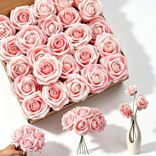 MUNTE 25 Artículos Rosas Artificiales, Ultrarealistas Rosas de Espuma, Flores Artificiales con Tallo, Color Rosa Flores Decorativas, Ideal para Fiestas, Bodas y Decoración de Mesas