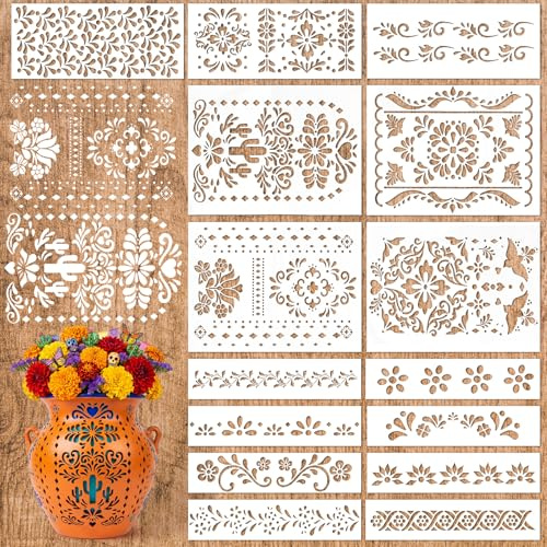 15Pcs Cielito Lindo Mexican Stencil for Painting, Reusable Talavera Stencils Drawing Tool for DIY Vase Crafts Mexican Floral Lace Furniture Wood Wall Canvas Floor Gifts