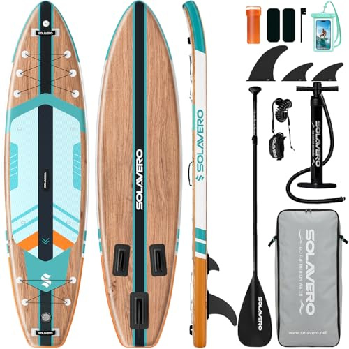 SOLAVERO Stand Up Paddle Gonflable 350 x 89 x 15 cm Paddle Gonflable Adulte 200kg 2 Personnes pour Débutants et Tous Niveaux avec Pagaie Réglable, Pompe, Leash, Pochette et Sac à Dos