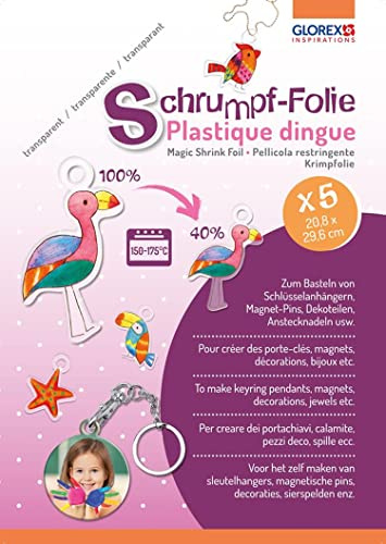 Glorex 6 1230 704 - Pellicola termoretraibile in Formato A4, Set di 5 Fogli, Trasparente, per la creazione di cartellini e Spille individuali