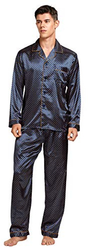 TONY AND CANDICE Men's Classic Satin Pajama Set Sleepwear (Blue / Golden, Medium)