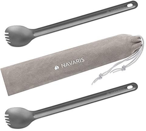 Navaris 2in1 Titan Camping Besteck lang 2er Set - 2X extra Langer Outdoor Göffel Spork - Löffel Gabel inkl. Tasche - Essbesteck Kombi - Reisebesteck
