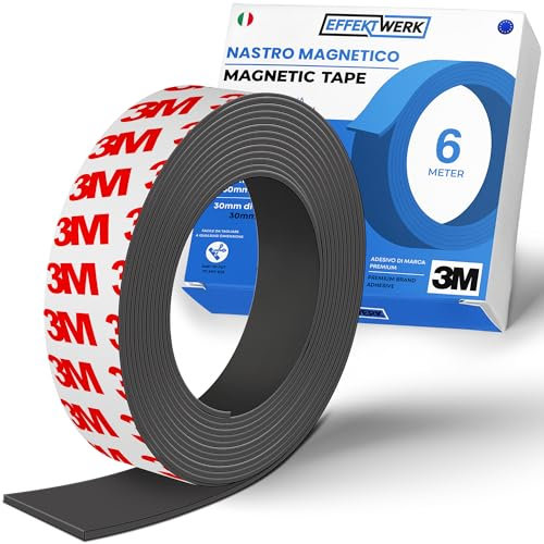 EFFEKTWERK Rouleau de ruban magnétique (6 mètre), bandes magnétiques extra épaisses et larges avec support autocollant solide, facile à couper et à coller sur des surfaces planes