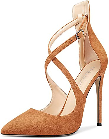 NobleOnly Mujer Hebilla Tira de Tobillo Zapatos de Tacón Tacón de Aguja 12CM High Heels Pumps Marrón Ante Zapatos EU36