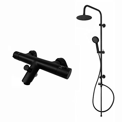 ENKI, Dune, BBT0249, Black, Thermostatic Bath Shower Mixer Valve with Dual Rigid Riser Kit, 200mm Ultra Slim Overhead Shower & Multi Function Hand Shower, Anti-Scald Device, Modern, 10-Year Guarantee