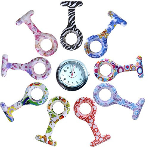 Tiga-Med Schwesternuhr Schwesternuhren 9er Design Set Qualitäts-Batterie (1x Uhr + 9 Design Silikonhüllen) Kitteluhr Krankenschwesteruhr