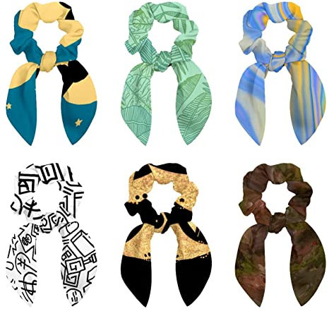 6 Pcs Hair Scrunchies - Tropical Palm Leave Hair Scarf Scrunchy with Ribbon Bow, Elastic Hair Ties Ponytail Holders for Women Teenage Girls
