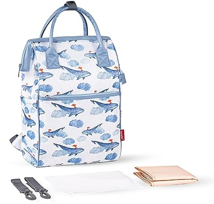SONARIN Gran Capacidad Elegante Mochila de Pañales para Bebé,Bolsa de Pañales Multifuncional Bolso Cambiador Bolsa para Pañales de Viaje con Cambiador & Ganchos Carrito Bebé(Ballena)
