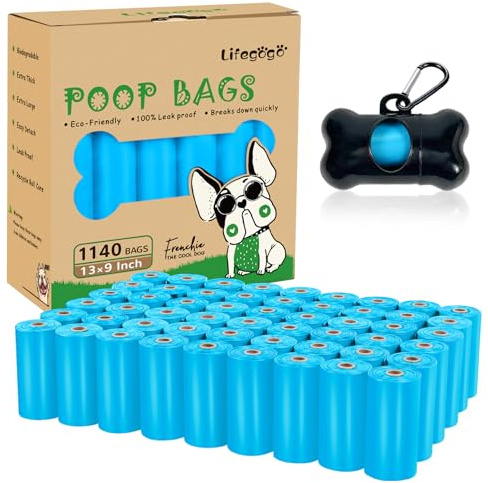 Bolsa para excrementos de perro, 1140 unidades, 57 rollos, sin perfume, bolsas a prueba de fugas para excrementos de perro, extra gruesas y fuertes con dispensador, color azul (13 x 9 pulgadas)