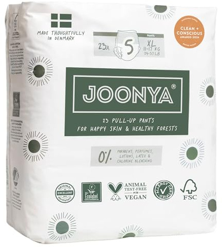 Joonya Pull-Up Pants Baby Diapers, Size 5 XL (24-37 lb) - 1 Bag of 23 - Non Toxic, Eco-Friendly, High Absorbency, Overnight Use, Ultra Slim & Soft - Made in Denmark