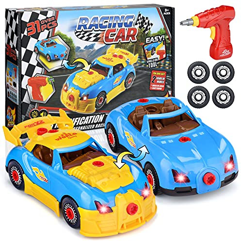 TI-TOO Take Apart Toy Racing Car, 2 IN 1 Kids Construction Racing Education Learning Toys for 3 4 5 Years Old Boys Kids Children Build Your Own Car Toy Kit with Drill Tools, Realistic Sounds & Lights