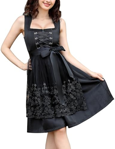 KOJOOIN Damen 2Tlg. Kurz Dirndl Elegantes Trachtenkleid Oktoberfest Outfit Bavarian Festlich Besondere Anlässe Schwarz A 38