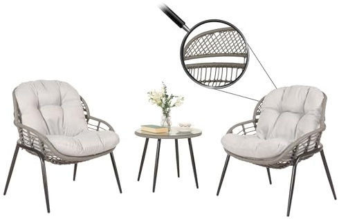 Mendler Juego de muebles de polirratán HWC-N33, juego de balcón, muebles de jardín, sillas y mesa auxiliar, color gris, acolchado gris claro