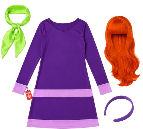 Morph, Retro Mystery Girl Costume Women, Halloween Costumes for Women | Purple Long-sleeve Mod Dress, Bright Orange Character-style Wig Included, Perfect for Halloween, Great for Fancy Dress
