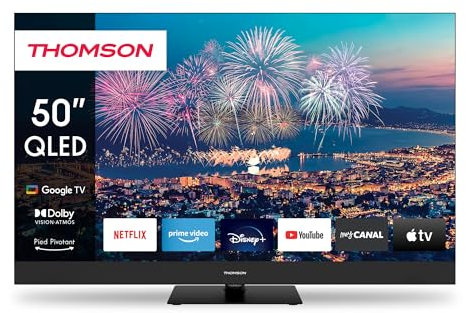 Thomson 50 Zoll (126cm) QLED Plus Google Smart TV, Wi-Fi, Dolby Audio, Eingebauter Frontlautsprecher, Bluetooth 5.1, Triple-Tuner (Kabel/Satellit/Antenne), HDMI, CI+, A+ Panel - 50QG6C14