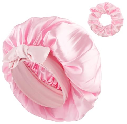 Abeillo Seidenhaube zum Schlafen, Satin Haarhaube Nacht Schlafhaube mit Haargummis, Nachtmütze Haarhaube, Verstellbare Silk Bonnet mit Elastischem Band für Damen und Mädchen Alle Haartypen (Rosa)