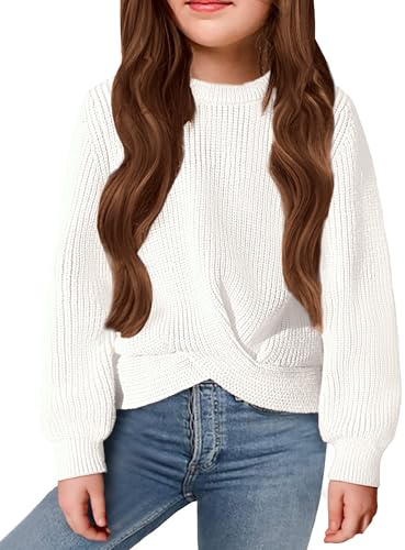 Arshiner Niñas Jersey Moda Suéter Niños Cálido Cuello Redondo Manga Larga Otoño Invierno Ocio Suéter para Niñas 9-10 Años Blanco
