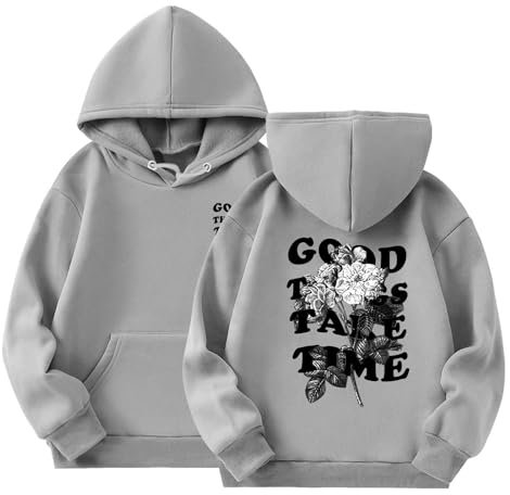 Kinder Mädchen Hoodie Lässige Good Things TAKE TIME Druck Kapuzenpullover Casual Sweatshirt Kuschelhoodie Langarm Oberteile Kinder Pullover Top mit Tasche für 3-14 Jahre (Grey, 11-12 Years)